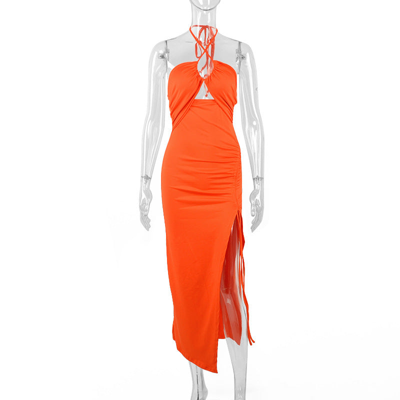 Halterneck Lace-up Split Dress Summer Y2K Fashion Party Baech Long Dresses For Womens Clothing
