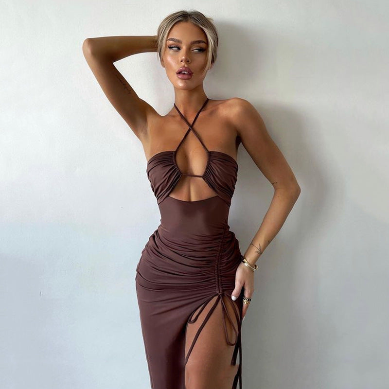 Halterneck Lace-up Split Dress Summer Y2K Fashion Party Baech Long Dresses For Womens Clothing