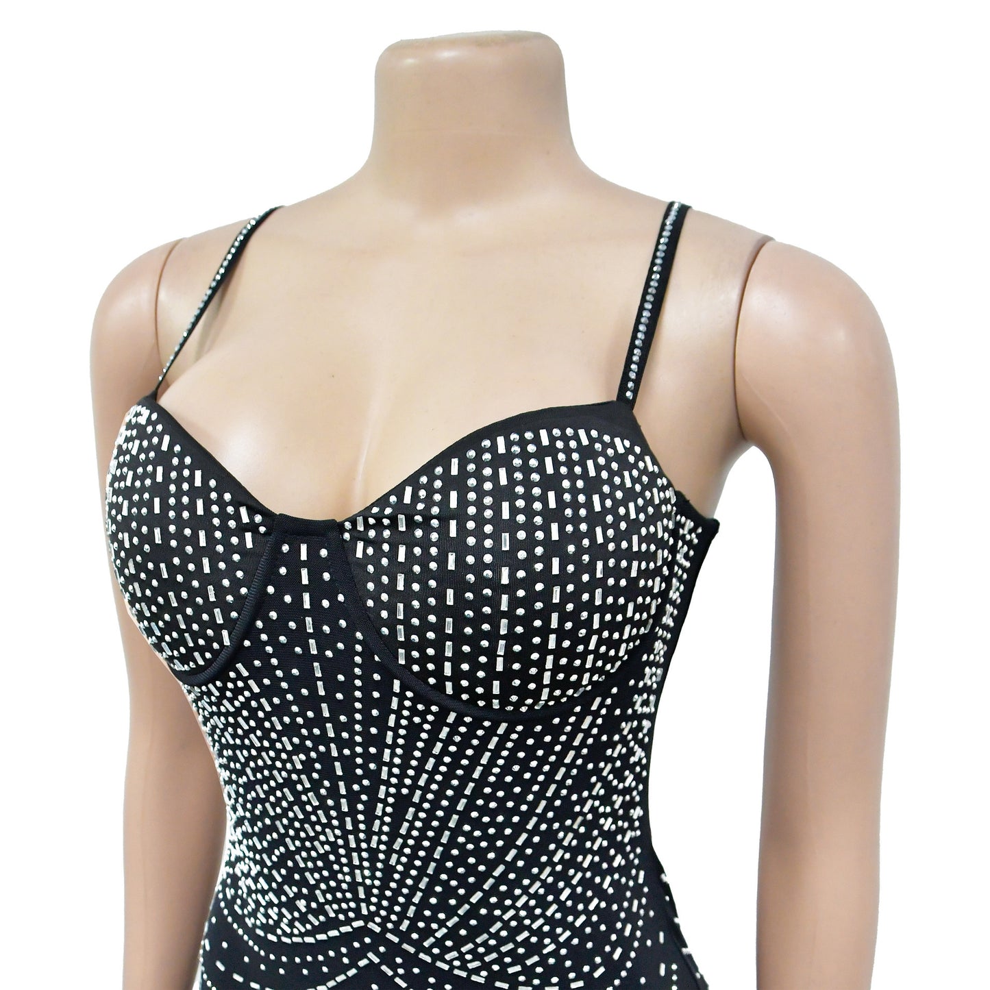 Fashion Women's Pure Color Mesh Rhinestone Strap Short Dress