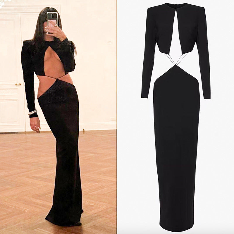 Women's Solid Color Long Sleeve Midriff Outfit Cutout Dress