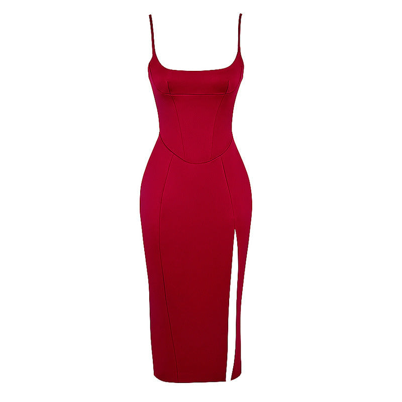 Solid Color U-neck Skirt With Slit Hem
