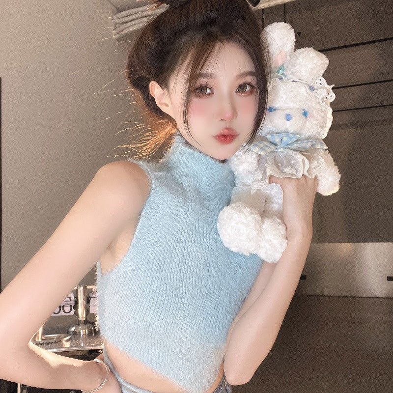 High-neck Sleeveless Soft Waxy Vest With Tops And Small Women's Suspenders