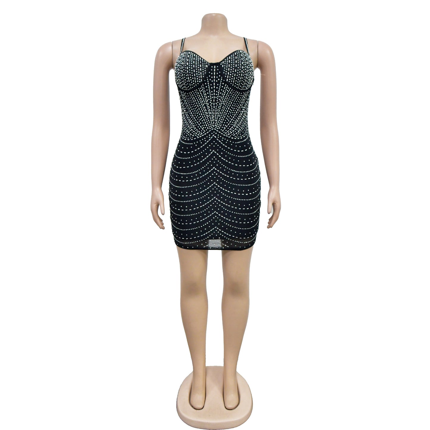 Fashion Women's Pure Color Mesh Rhinestone Strap Short Dress