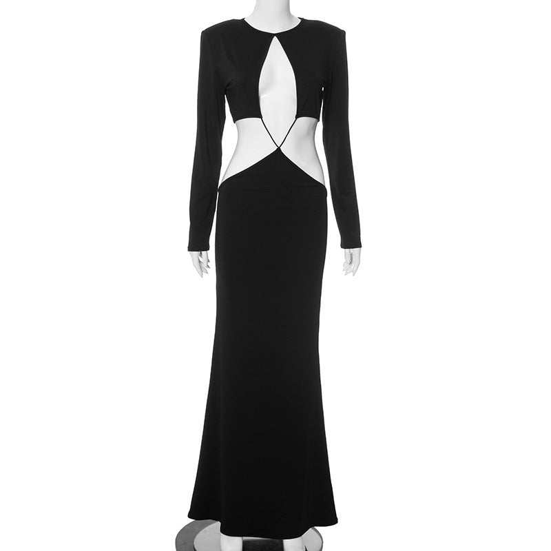 Women's Solid Color Long Sleeve Midriff Outfit Cutout Dress