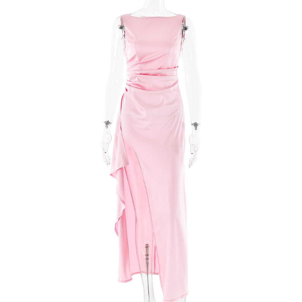 Fashion Slim Sleeveless Backless Satin Pleated High Slit Long Dress