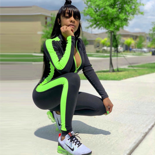 Zipper stitching yoga sports jumpsuit