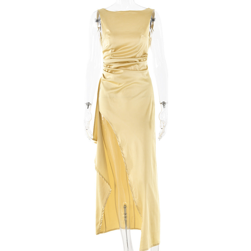 Fashion Slim Sleeveless Backless Satin Pleated High Slit Long Dress