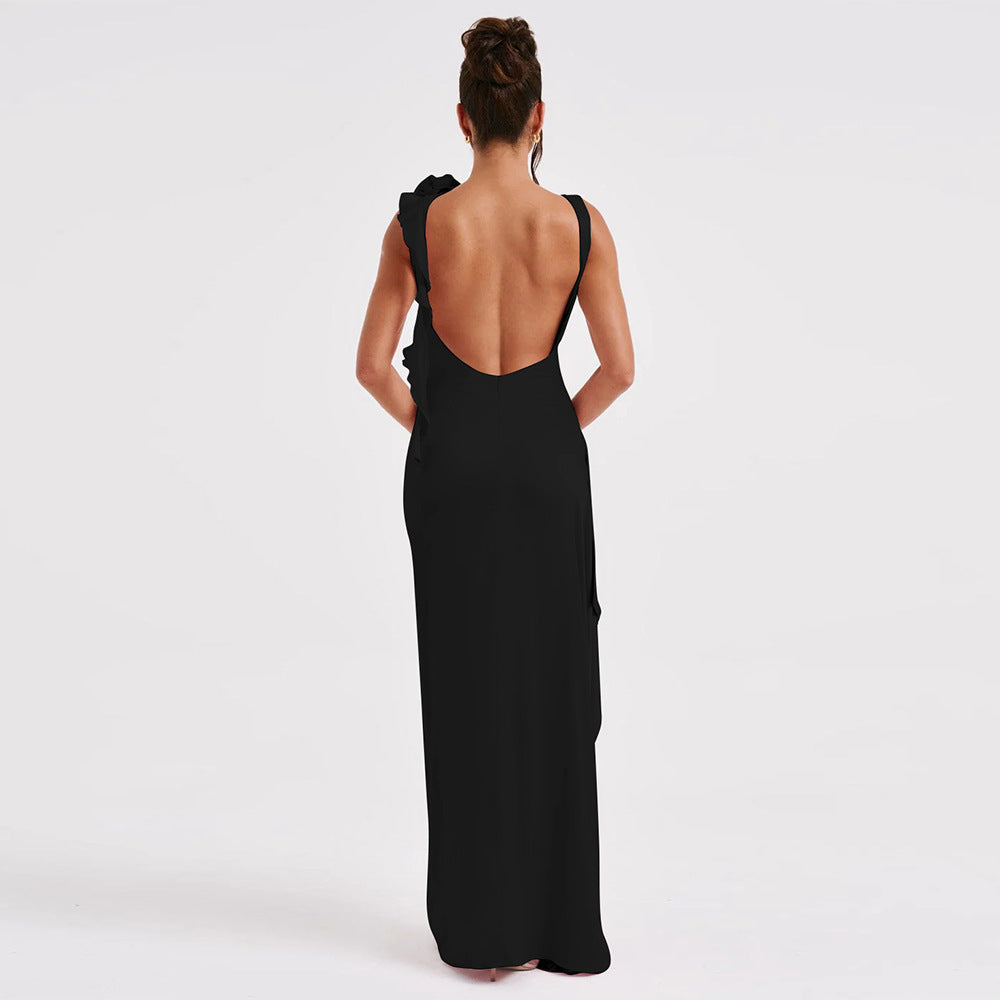 Fashion Slim Sleeveless Backless Satin Pleated High Slit Long Dress