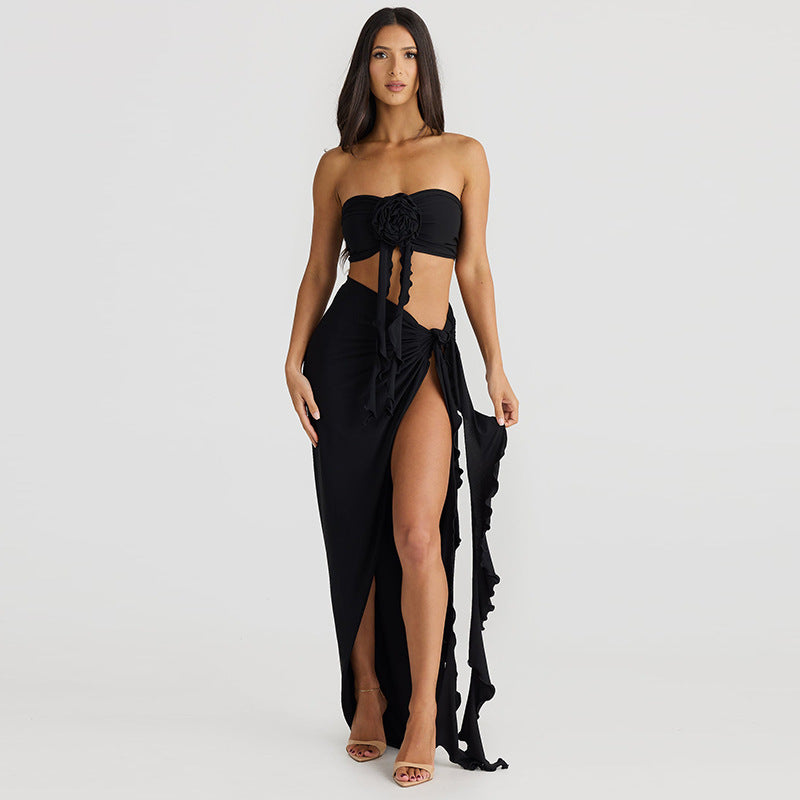 Personalized Flower Tube Top Vest High Split Strap Skirt Dress