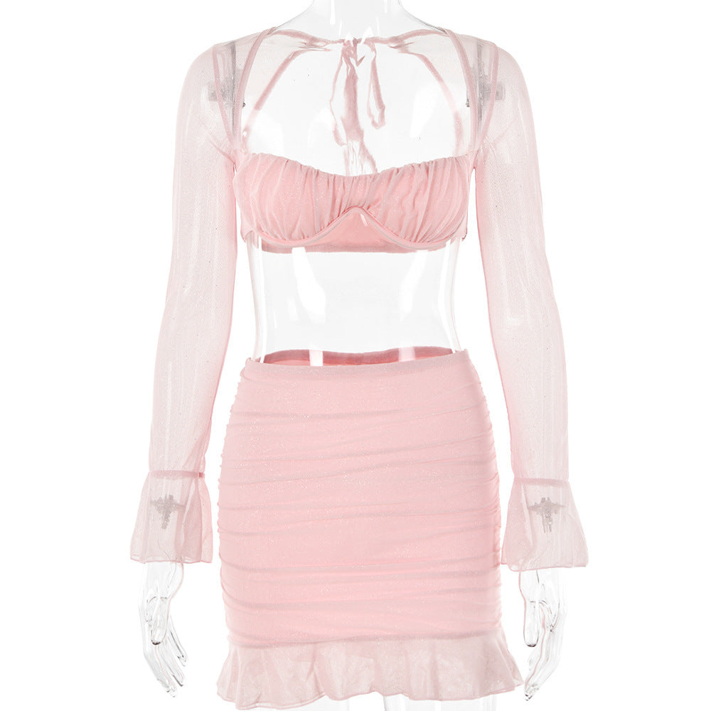 Square Collar Bell Sleeve Backless Stitching Sheath Skirt Outfit