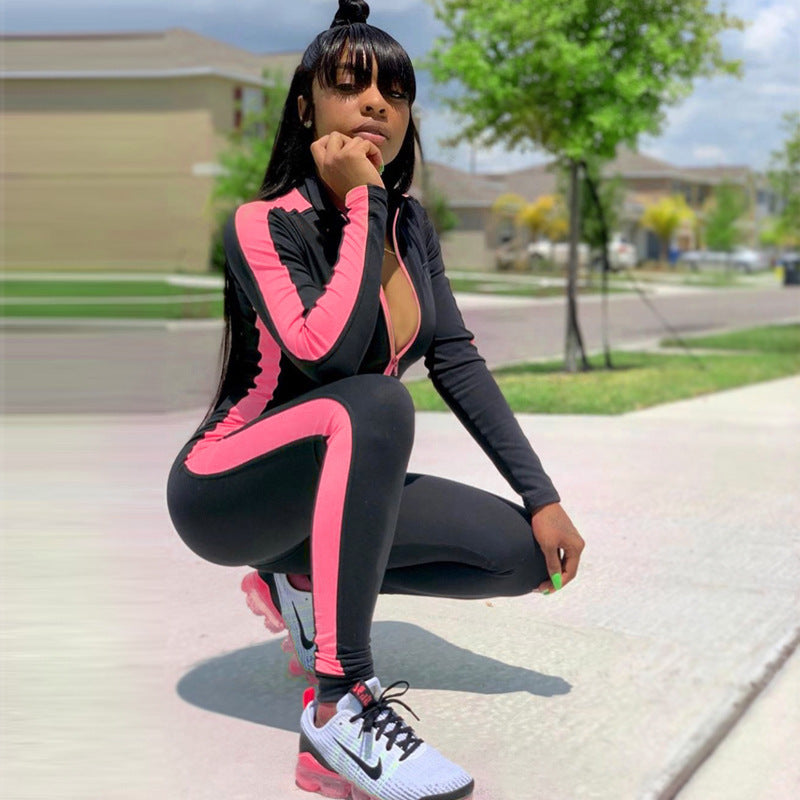 Zipper stitching yoga sports jumpsuit
