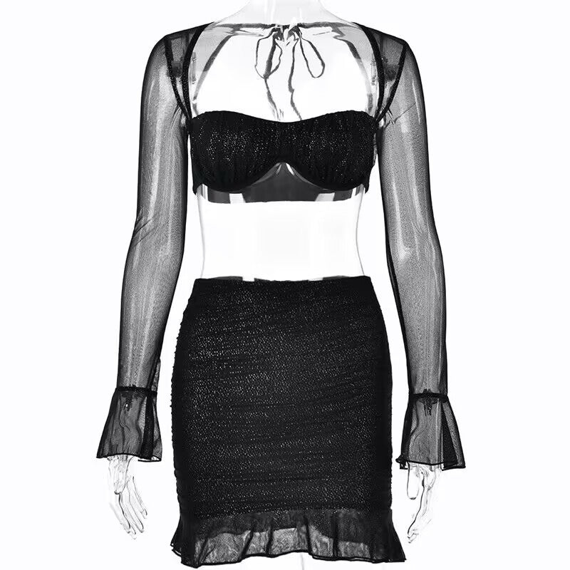 Square Collar Bell Sleeve Backless Stitching Sheath Skirt Outfit