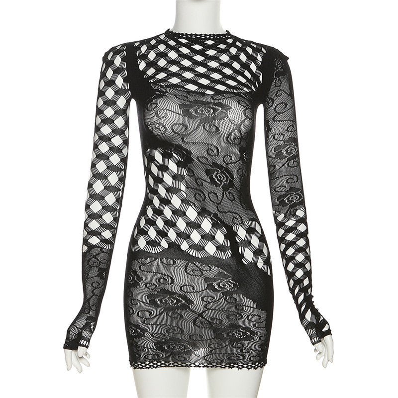 Summer Women's Hollow Out See-through Mesh Slim Fit Dress