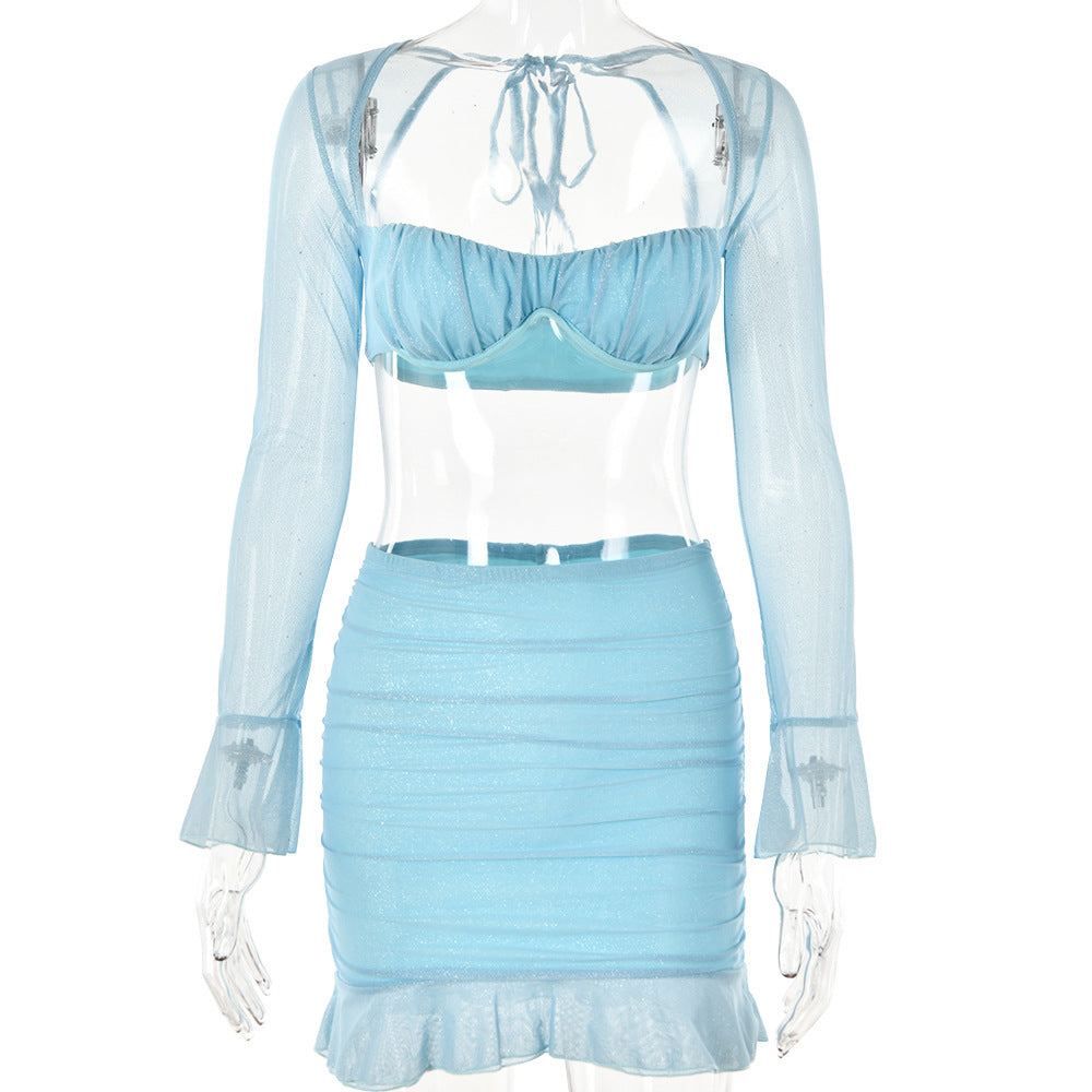 Square Collar Bell Sleeve Backless Stitching Sheath Skirt Outfit