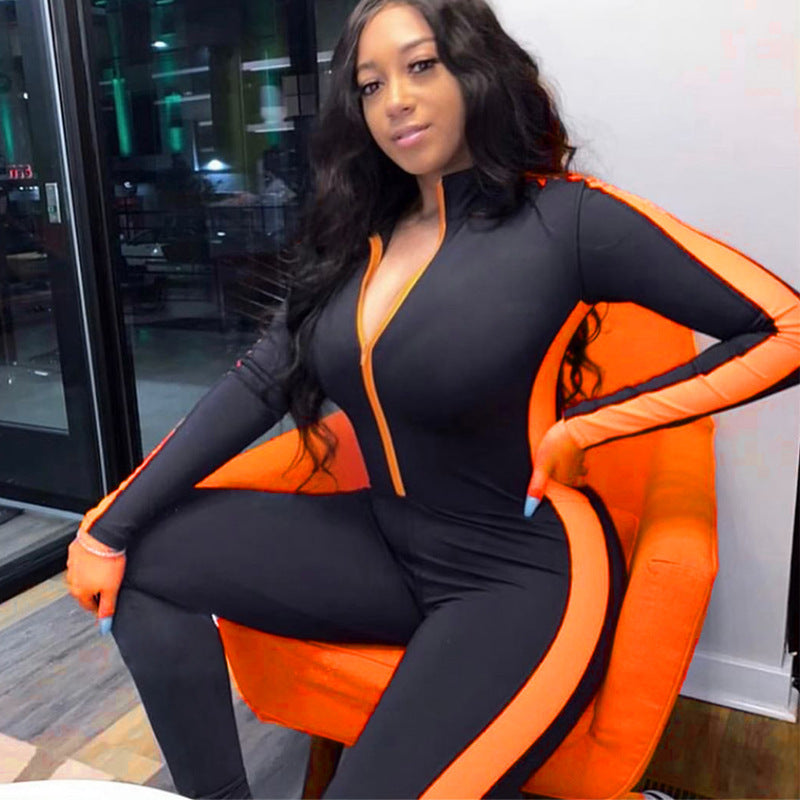 Zipper stitching yoga sports jumpsuit