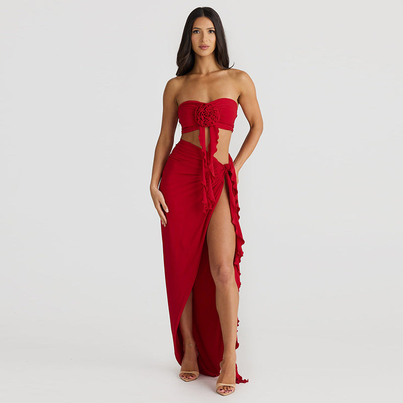 Personalized Flower Tube Top Vest High Split Strap Skirt Dress