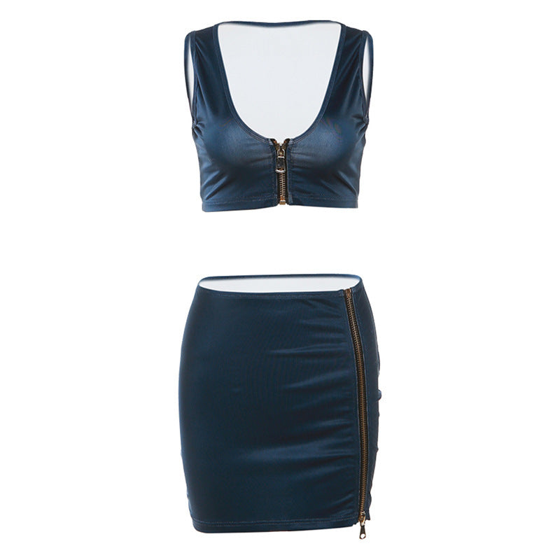 Low Cut Vest Solid Color Sheath Zipper Skirt Outfit