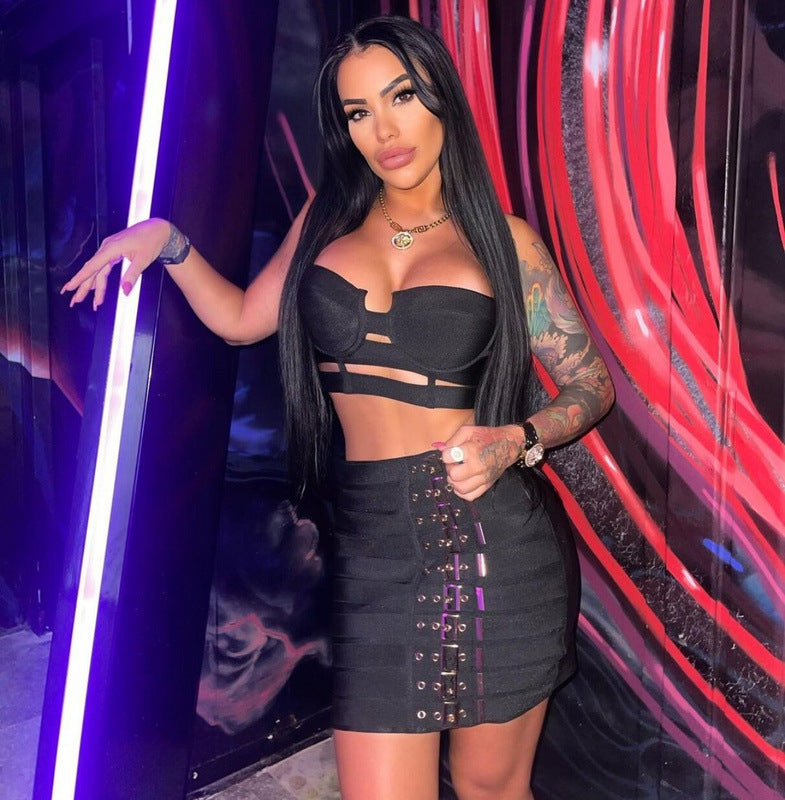 Spaghetti-strap Camisole Top Belt Buckle Miniskirt Midriff Outfit Suit
