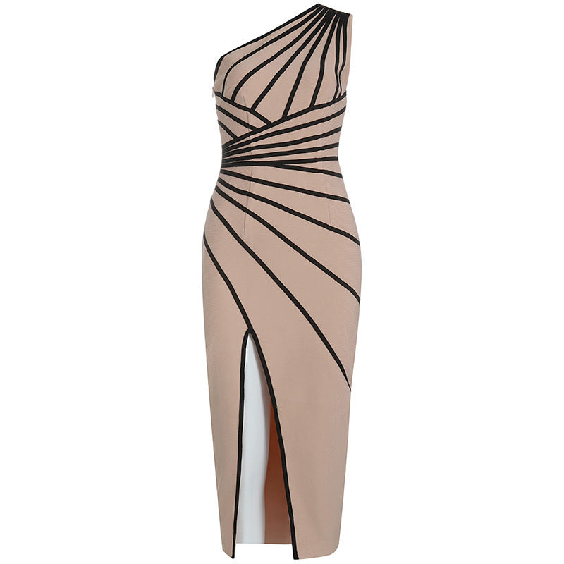 Oblique Shoulder Striped Slit High-end Temperament Bandage Skirt