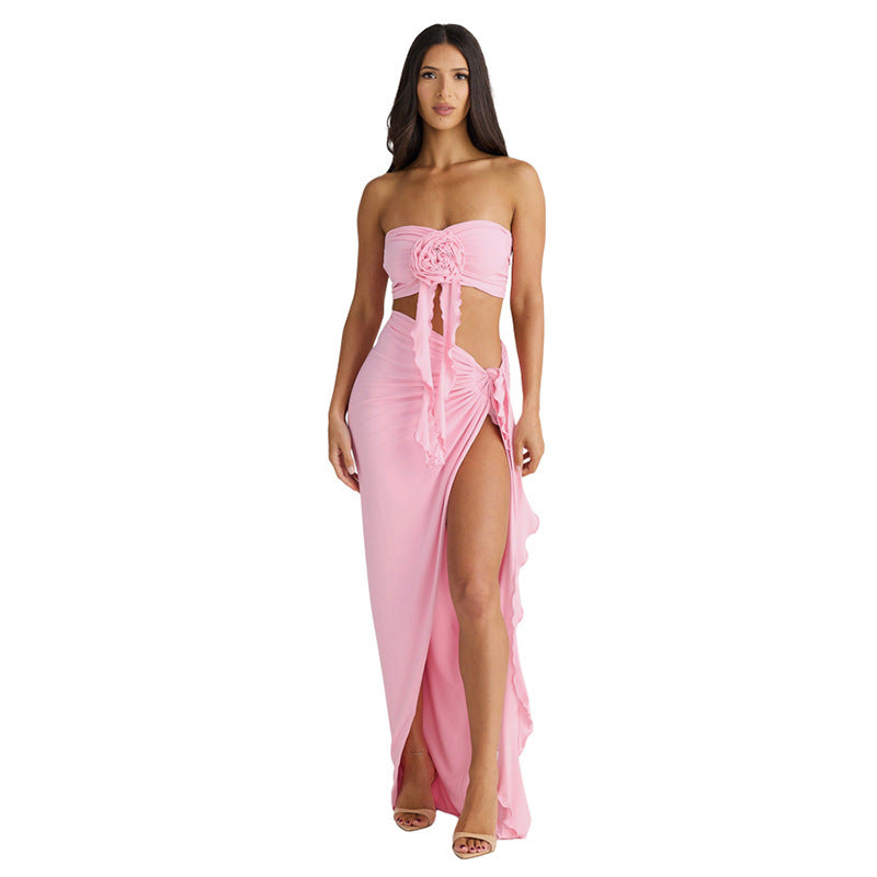 Personalized Flower Tube Top Vest High Split Strap Skirt Dress