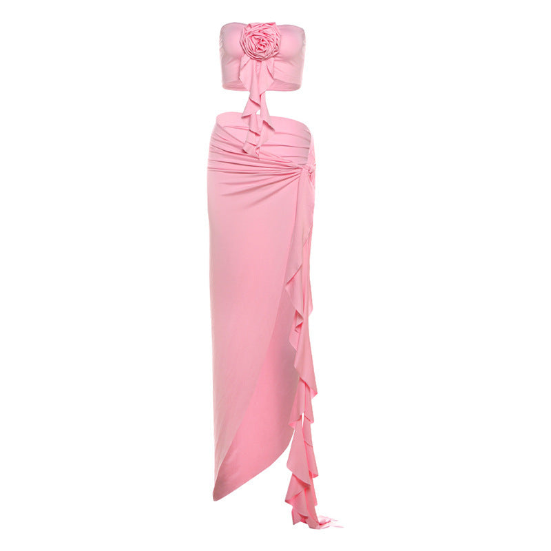 Personalized Flower Tube Top Vest High Split Strap Skirt Dress