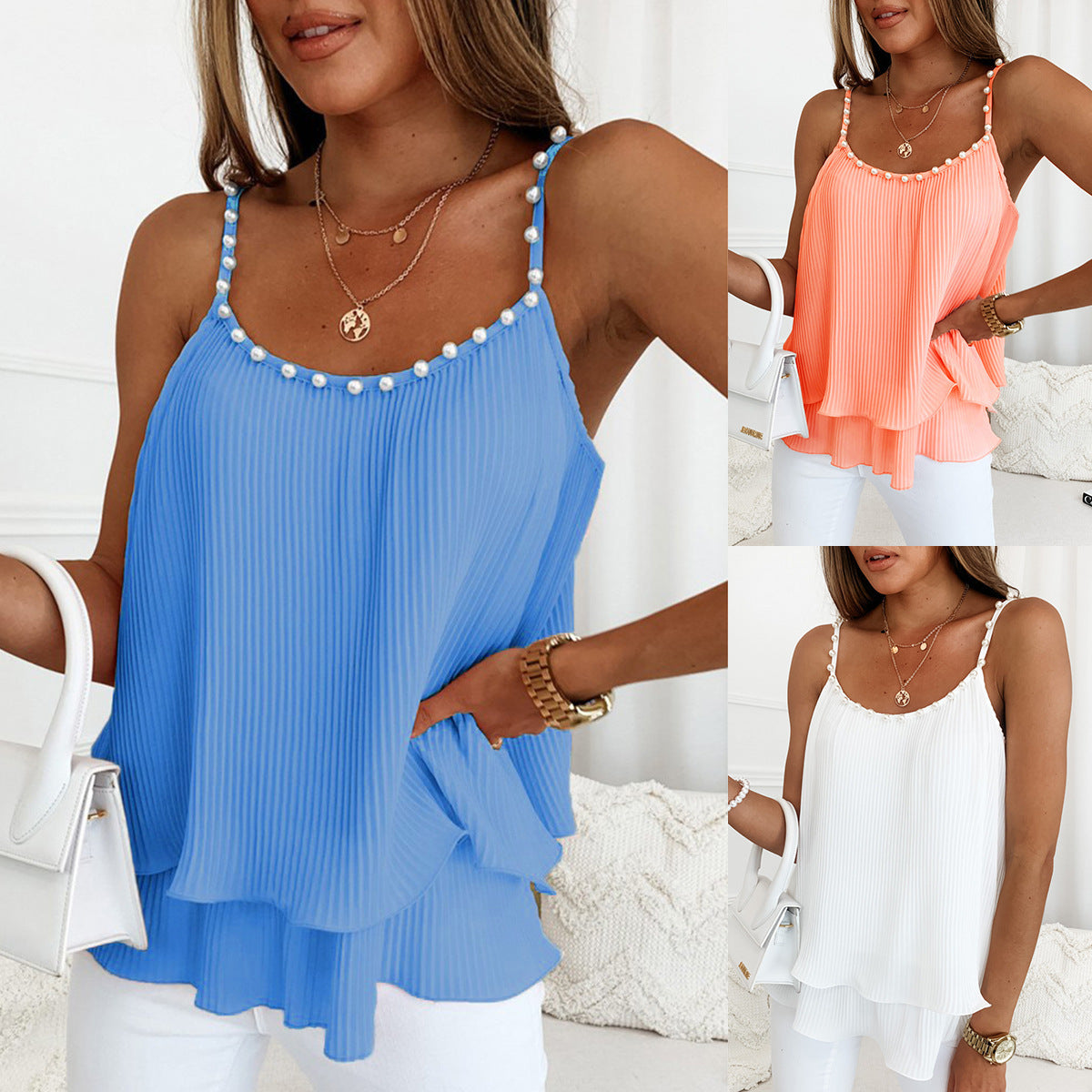 Chiffon Pleated Pearl Mini Strap Tank Top