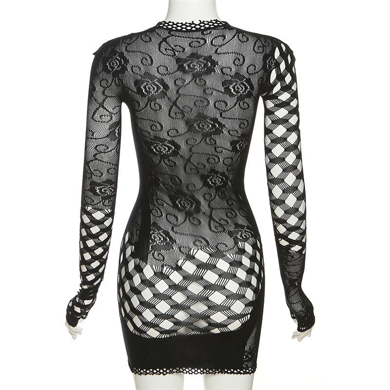 Summer Women's Hollow Out See-through Mesh Slim Fit Dress