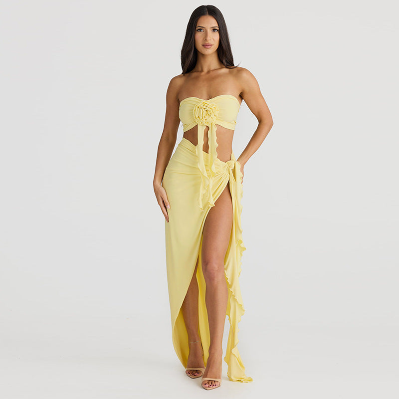 Personalized Flower Tube Top Vest High Split Strap Skirt Dress