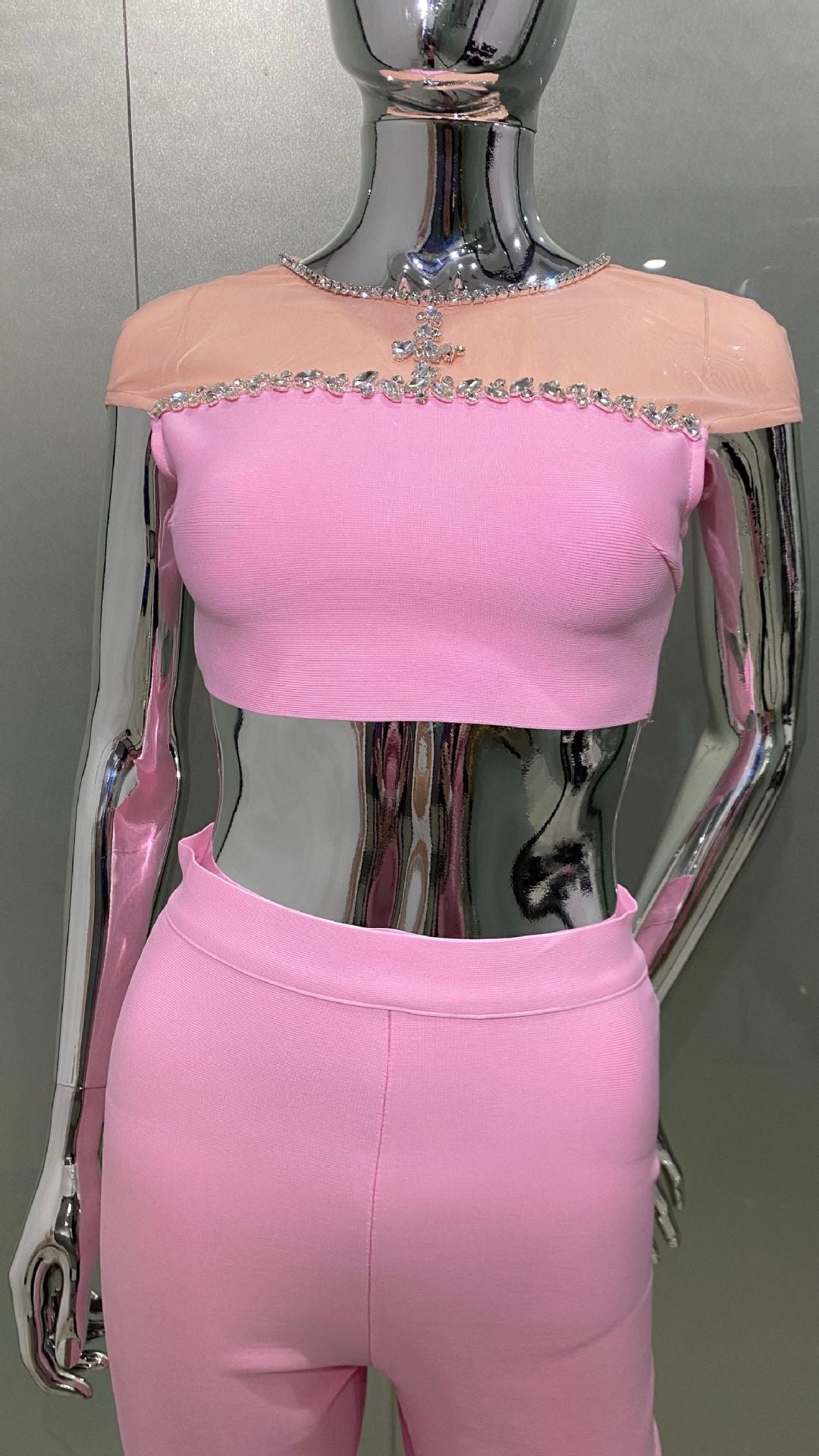 Rhinestone Top Skinny Pants Fashion Casual Sweet Midriff Outfit Bandage Suit