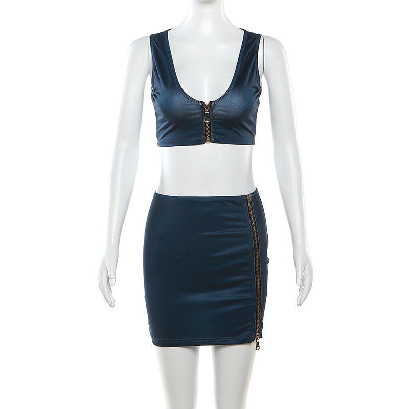Low Cut Vest Solid Color Sheath Zipper Skirt Outfit