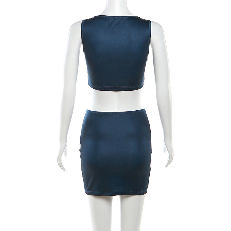 Low Cut Vest Solid Color Sheath Zipper Skirt Outfit