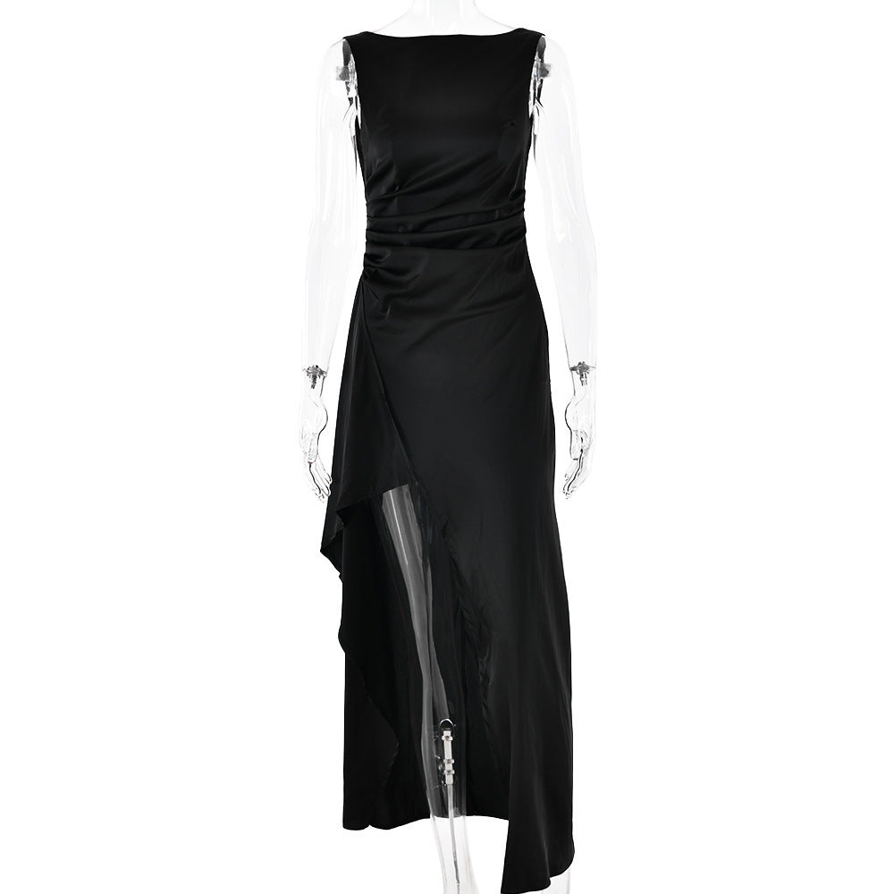 Fashion Slim Sleeveless Backless Satin Pleated High Slit Long Dress