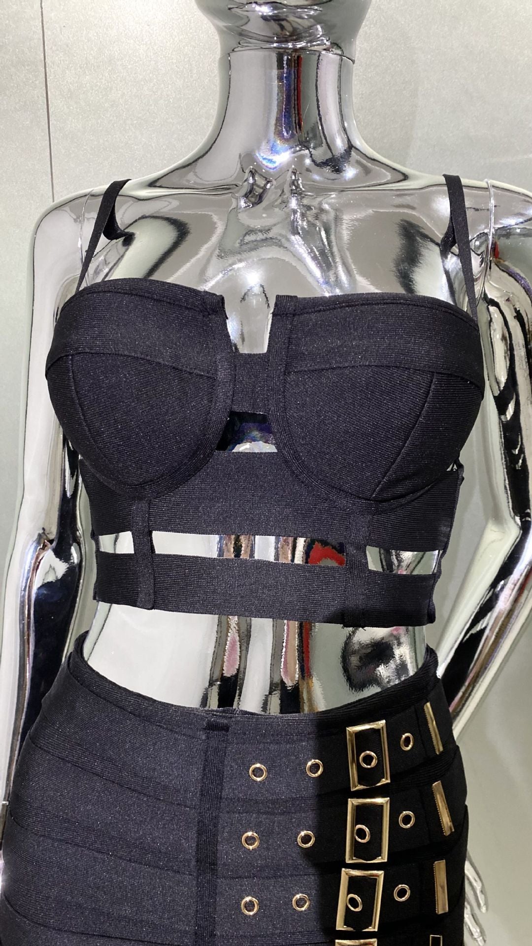 Spaghetti-strap Camisole Top Belt Buckle Miniskirt Midriff Outfit Suit